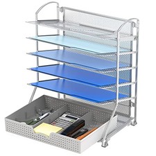 6 Trays Desk Document File Tray Organizer with Supplies Sliding Drawer Silver