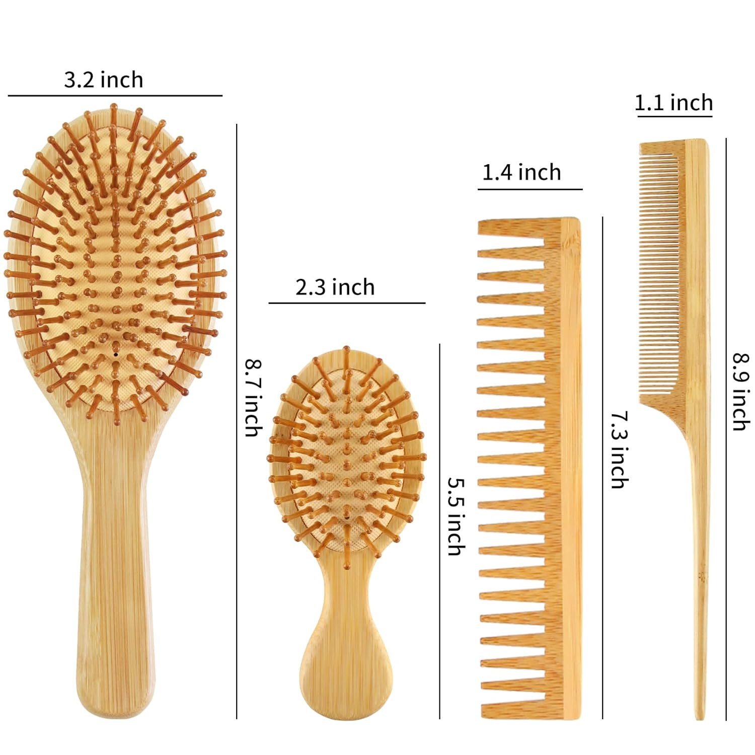 4 PCS Bamboo Hair Brush Set With Natural Wooden Wide-tooth and Tail