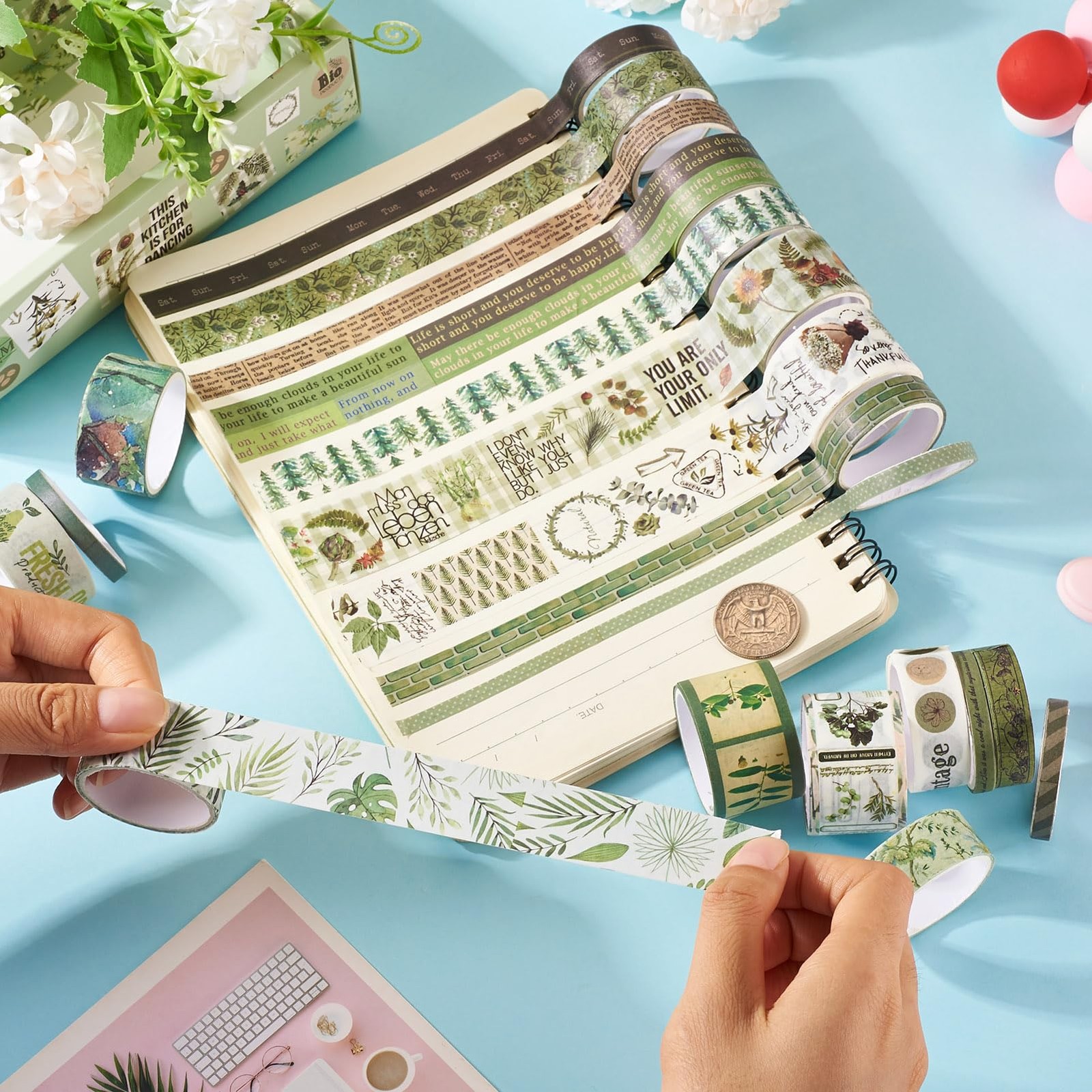 20 Rolls Washi Tape Set Colored Masking Tape Forest Flower Leaf Letter Retro ...