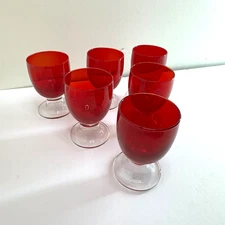 Set of 6 Vintage Ruby Red Footed Goblets Clear Base Thumbprint Style Glasses
