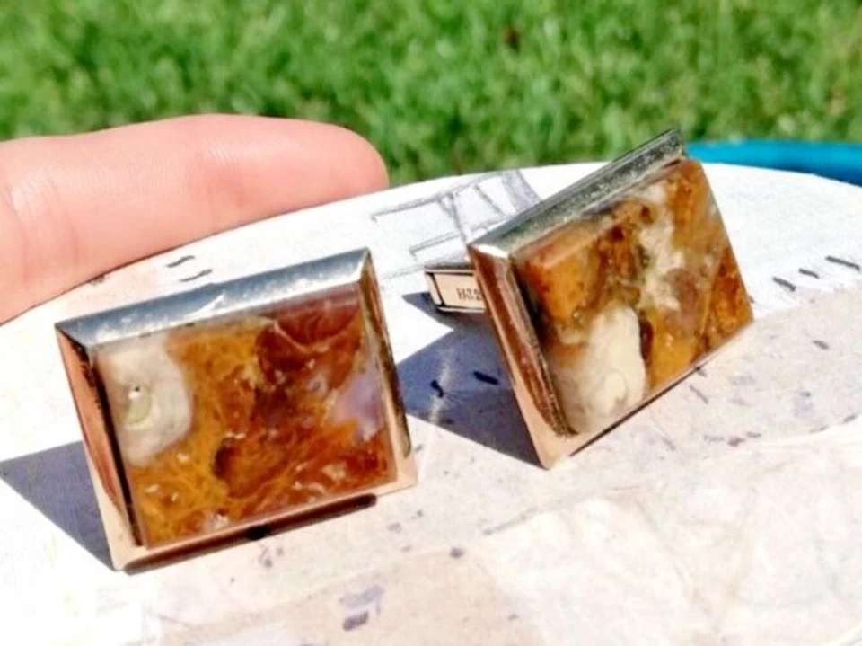 Vintage Cufflinks, mid-century polished (Agate) stone, in gold frame 1940's - Image 2 of 4