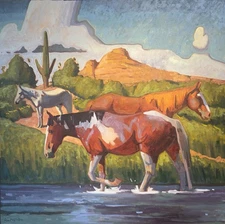 Original Painting Horses River Wildlife Arizona Signed 36x36 Abstract Impression