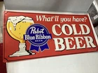 Vtg Pabst Blue Ribbon PBR Cold Beer What'll You Have? Tin Metal Sign 35" x 17"