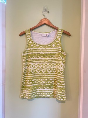 Chicos Tank Top Women Size 2 White and Lime Slinky Knit Stretch Round Neck