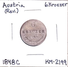 1848C [revolutionary] Austria 6 Kreuzer (KM-2199) .0307 ASW Silver!! Prague Mint