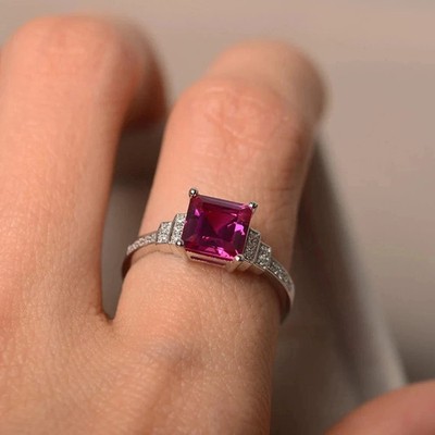 2Ct Lab Created Pink Ruby Princess Cut Women Wedding Ring 14k White Gold Plated
