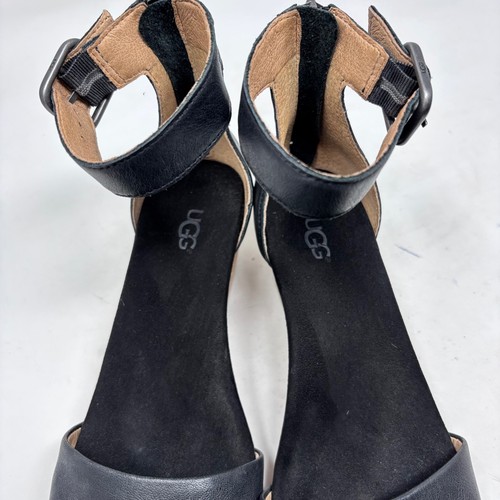 UGG Damen-Sandalen Größe 7 schwarz Leder Knöchelriemen Kork Keilabsatz Reißverschluss hinten - Bild 5 von 13