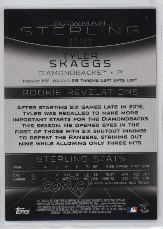 2013 Bowman Sterling Purple Refractor /10 Tyler Skaggs #1 Rookie RC - Image 2 of 2