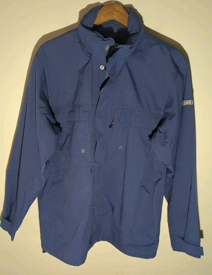 Aigle Men's Utility Zip Pockets Rain Jacket L Navy Hood Hiking Fishing Outdoors