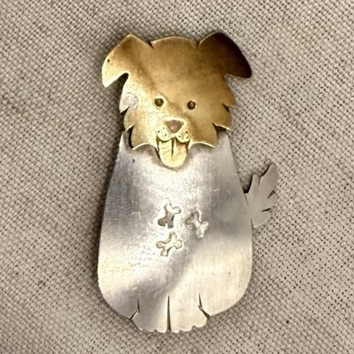 Vintage Sterling Silver Dog Brooch Two Tone Terrier Puppy Figural 925 Pin