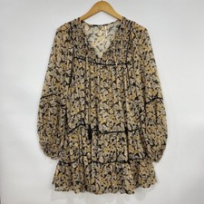 Free People Women's Mini Dress Small Brown Floral Print Tasseled Boho Peasant