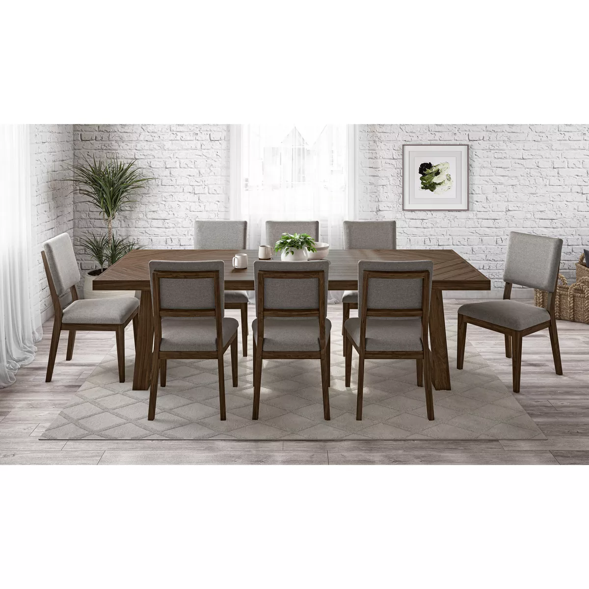 9-Piece Dining Table Set Wood Rectangular Table and 8 Dining Chairs - Natural Walnut