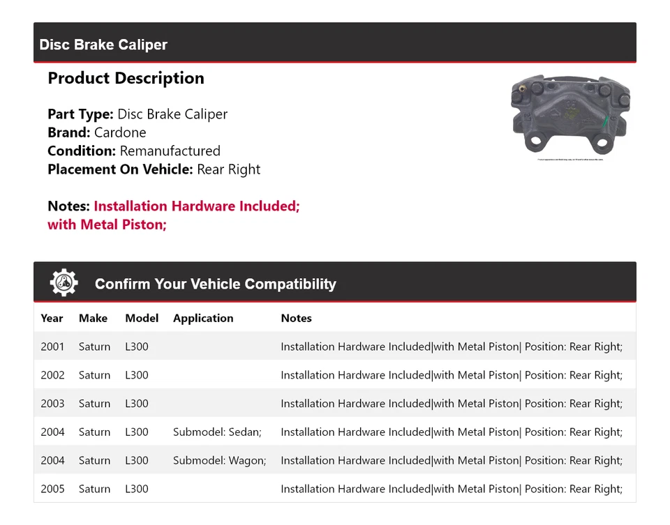 Pinza de freno de disco trasera derecha Cardone 2002 2003 2004 Saturn L300 2001-2005 Foto 2 de 4