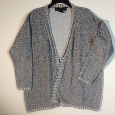 Adrienne Vittadini Sz L Large Open Front Cardigan Sweater Black Grey Linen Blend