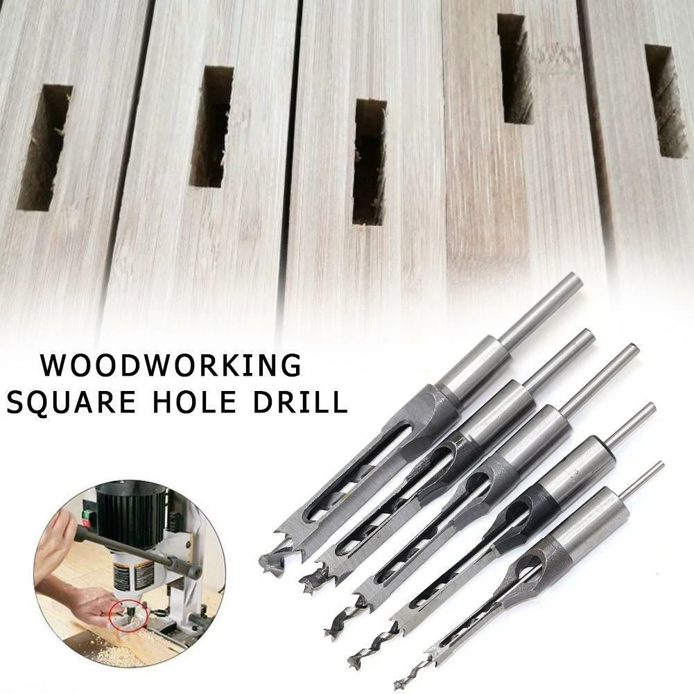 Square wood chisel for drill outlet