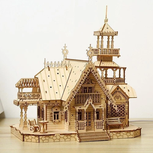 Puzzles für Erwachsene Beleuchtete Villa Bausätze Weihnachts DIY 3D Holz Puzzle