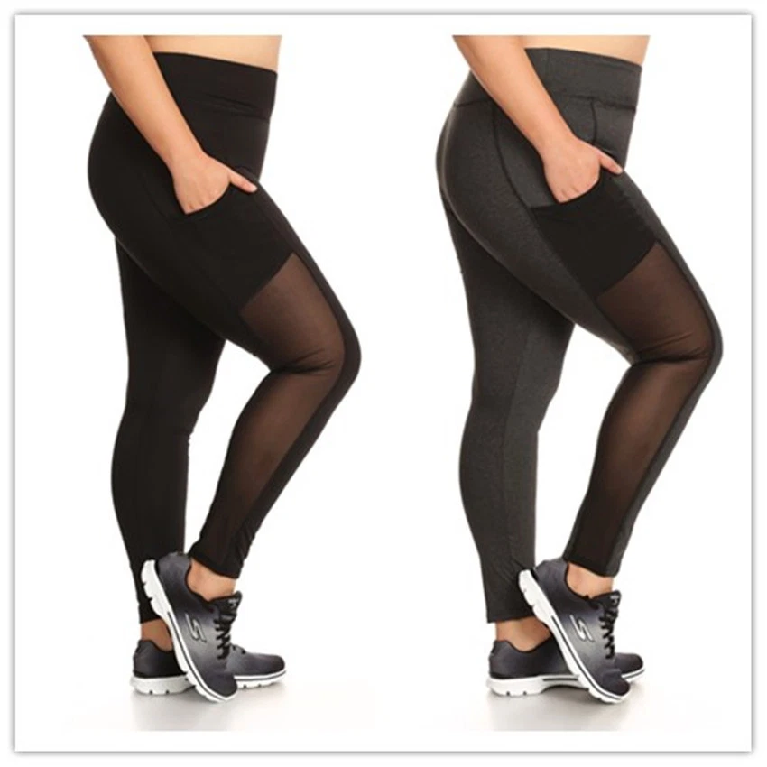 Womens Plus Size Activewear Solid Leggings With Mesh Side Pocket Panels  X7L05