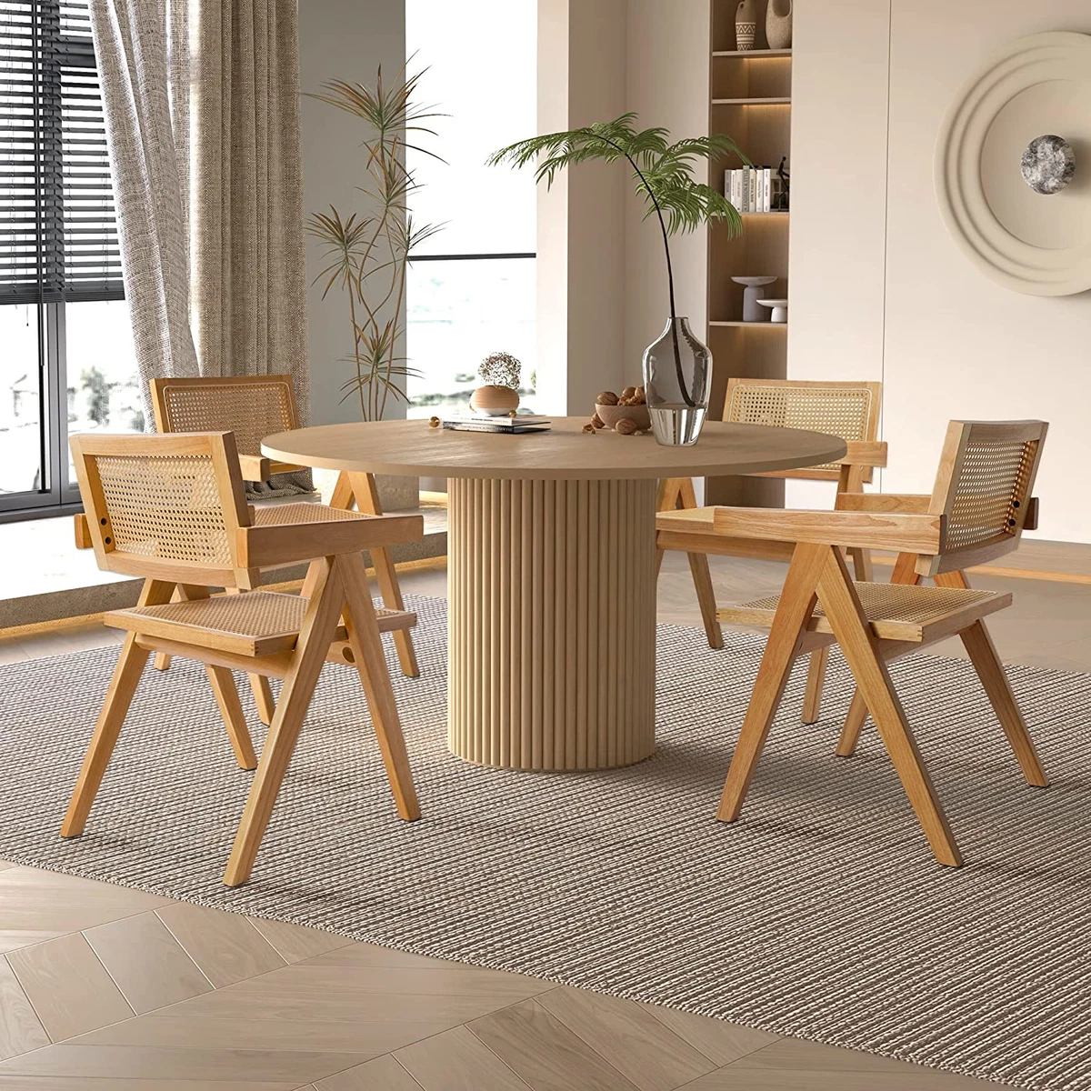 Rattan Dining Chairs Set of 4 Wooden Armchair Cane Kitchen Chairs