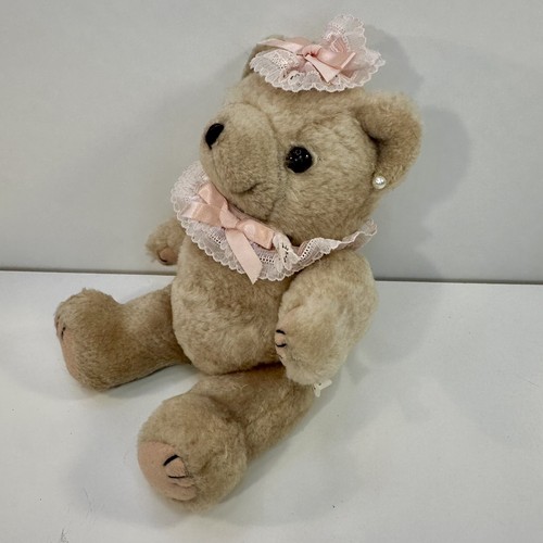 Teddy Bear Jointed Arms & Legs Plush Stuffed Animal 7.5" Lace Necklace And Bows - Picture 3 of 6
