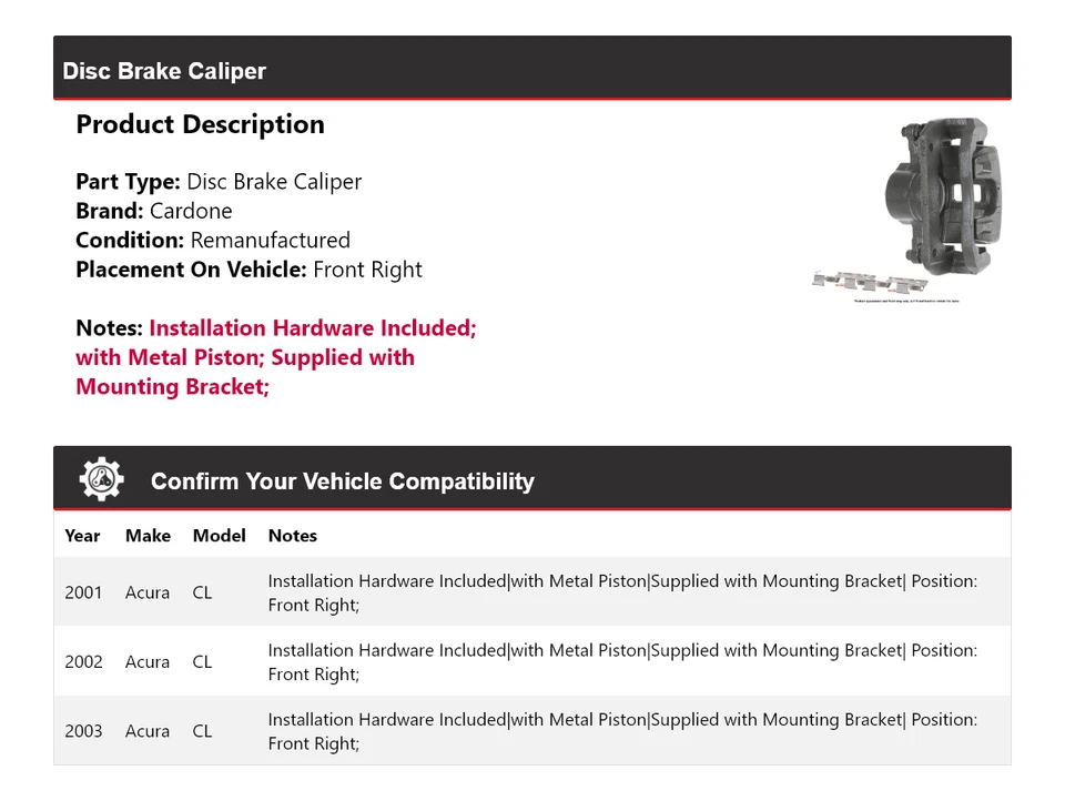 Суппорт переднего правого дискового тормоза Acura CL 2001-2003 годов выпуска Cardone 2002 - Изображение 2 из 4