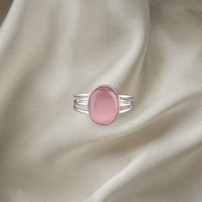 925 Silver Oval Pink Cat's Eye Stone Promise Band Sister Engagement Ring Jewelry