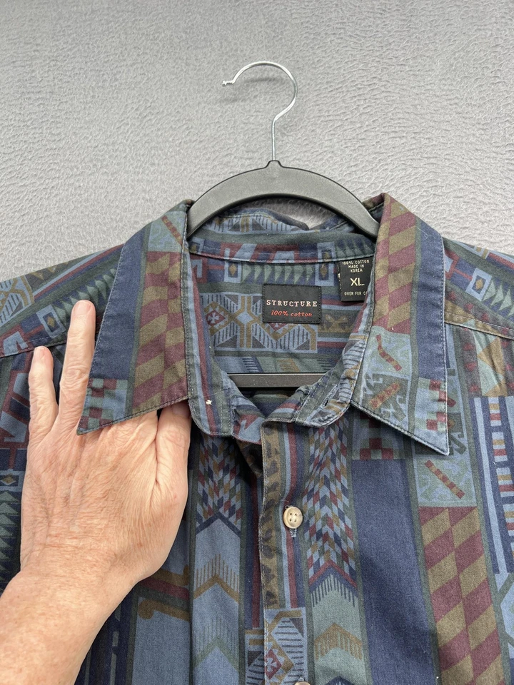 Vintage Structure Shirt Mens XL Multicolor Aztec Geometric Short Sleeve 90s - Image 3 of 4