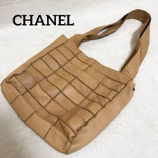 CHANEL Tote Bag Shoulder Lambskin Vintage Beige Brown 29cm 29cm 6cm