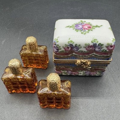 Limoges France 3 Amber Bottles Perfume Chest Gilded Rococo Porcelain Floral Box