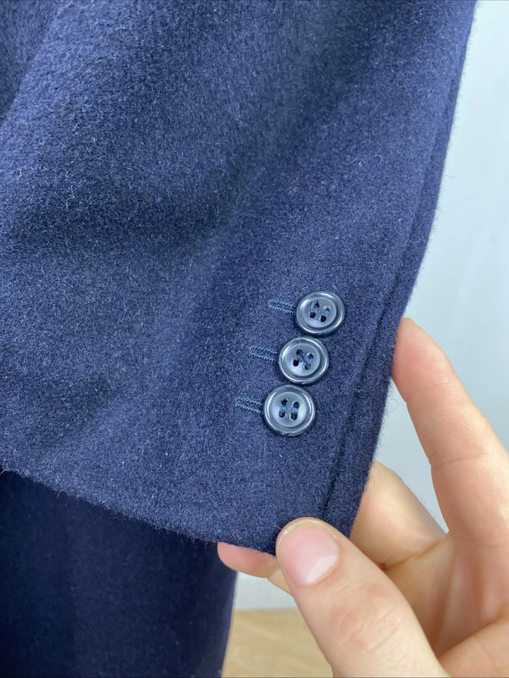 CROMBIE (46R) Pure New Wool Long Overcoat Covert Coat Jacket Navy Blue Modern - Image 4 of 4