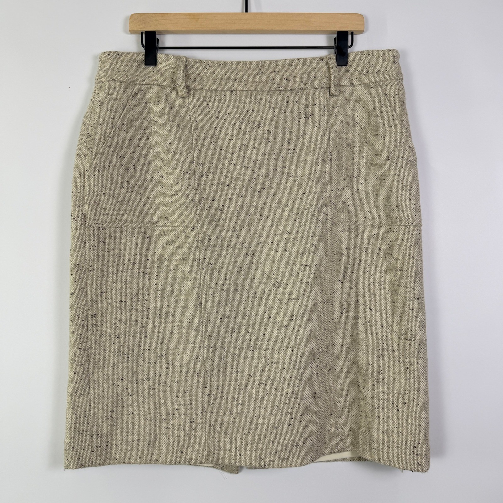 Ann Taylor Tweed Pencil Skirt Womens 14 Beige Black Speckled Lined Knee Length
