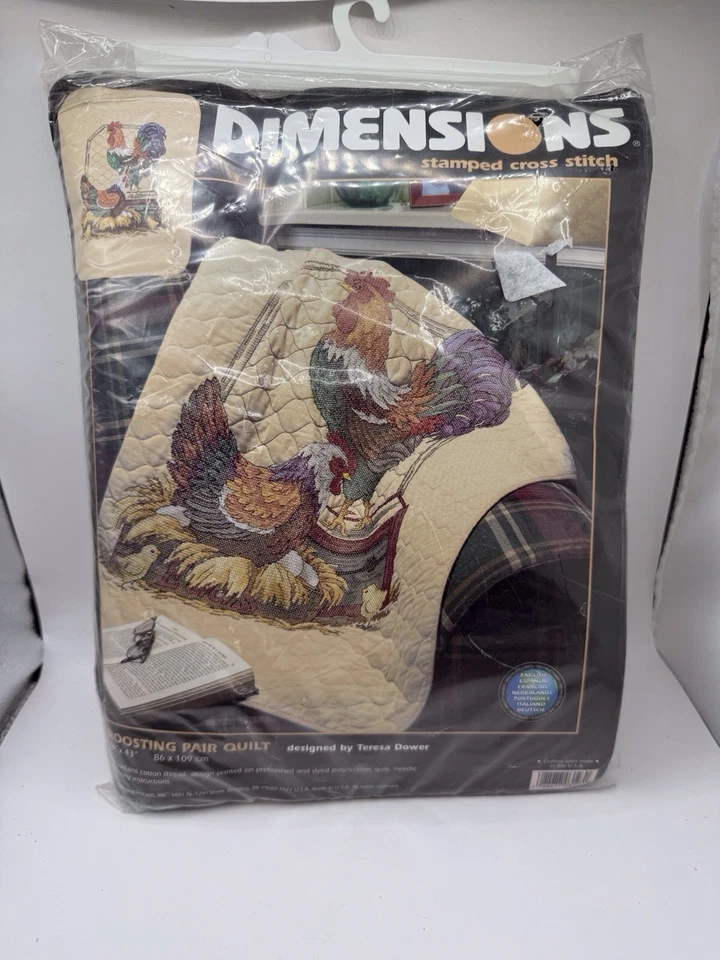 Dimensions Stamped Cross Stitch Kit Roosting Pair Quilt 34x43 Chickens Farm - Image 2 of 4