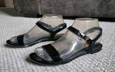 Tory Burch Sandals Laurel Shoes Black Glossy Leather Ankle Strap Flat Women's 6