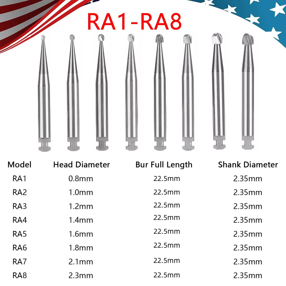 5pcs Dental Round Latch Carbide Bur RA 1 2 3 4 5 6 7 8 For Slow