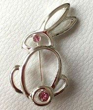 BROCHE LAPIN argenté strass Rose Adorable NEUF! Rabbit silvertone Brooch pins 
