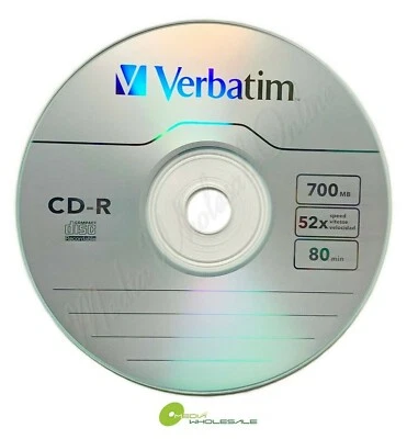 25 VERBATIM Blank 52X CD-R CDR Branded Logo 700MB Recordable Media Disc -Sleeves