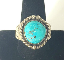 Vtg Sterling Silver SOUTHWEST Navajo Turquoise Stamped Band Ring Size 12.5