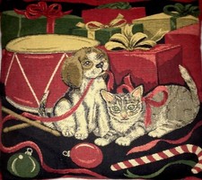 VTG. Dog And Cat Christmas Present Tapestry Throw Accent Pillow