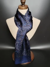 100% Silk Satin Scarf men women neckerchief Wrap Paisley blue navy soft QS175-21