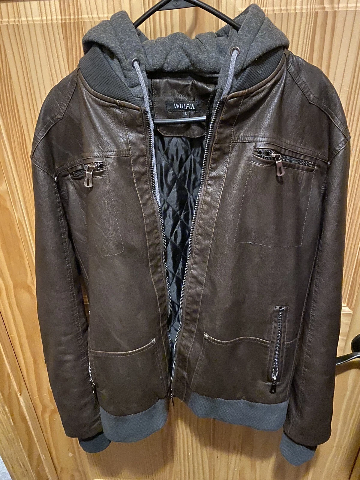 WULFUL Men's Casual Faux Leather Jacket with Removable Hood Pu Winter Outwear