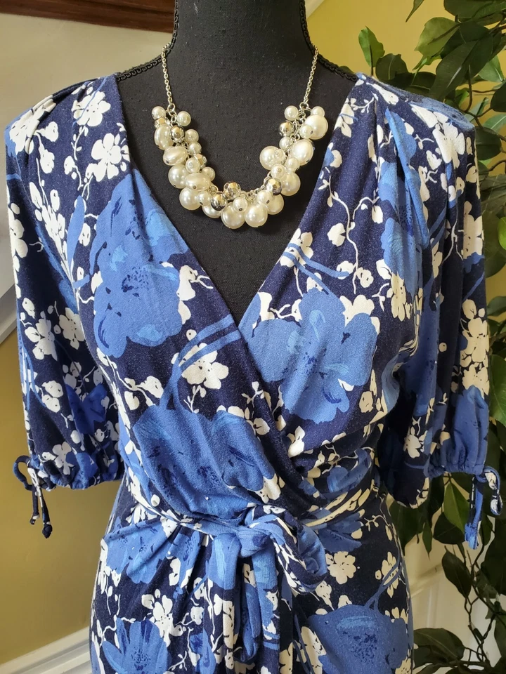 MERONA Dress M Blue Floral Stretch Faux Wrap - Image 2 of 4