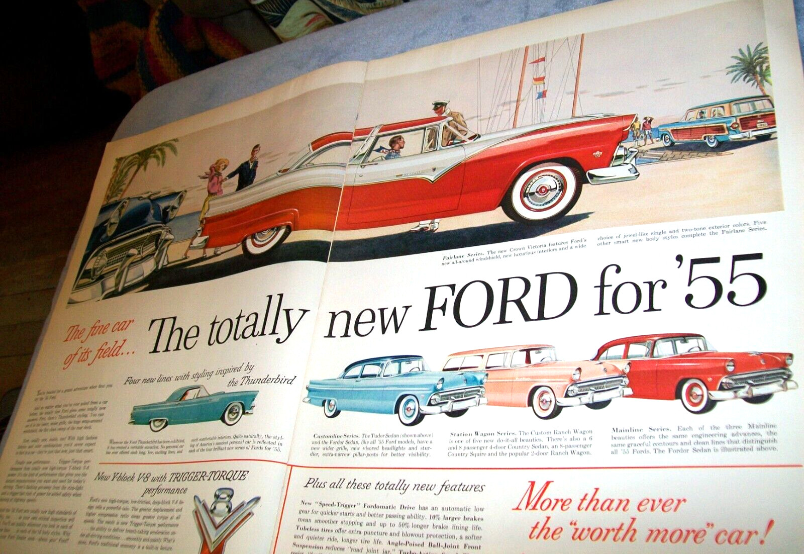 1955 Ford Crown Victoria Fairlane  2-pg large-mag ad -"The fine car of its field