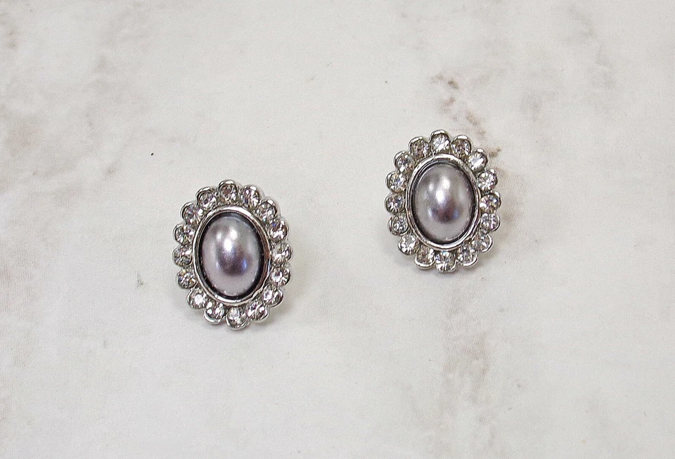 Pendientes Ovalados Grises y Cristal - Elegantes Pendientes Ovalados de Moda de Perlas Nuevos Foto 2 de 4