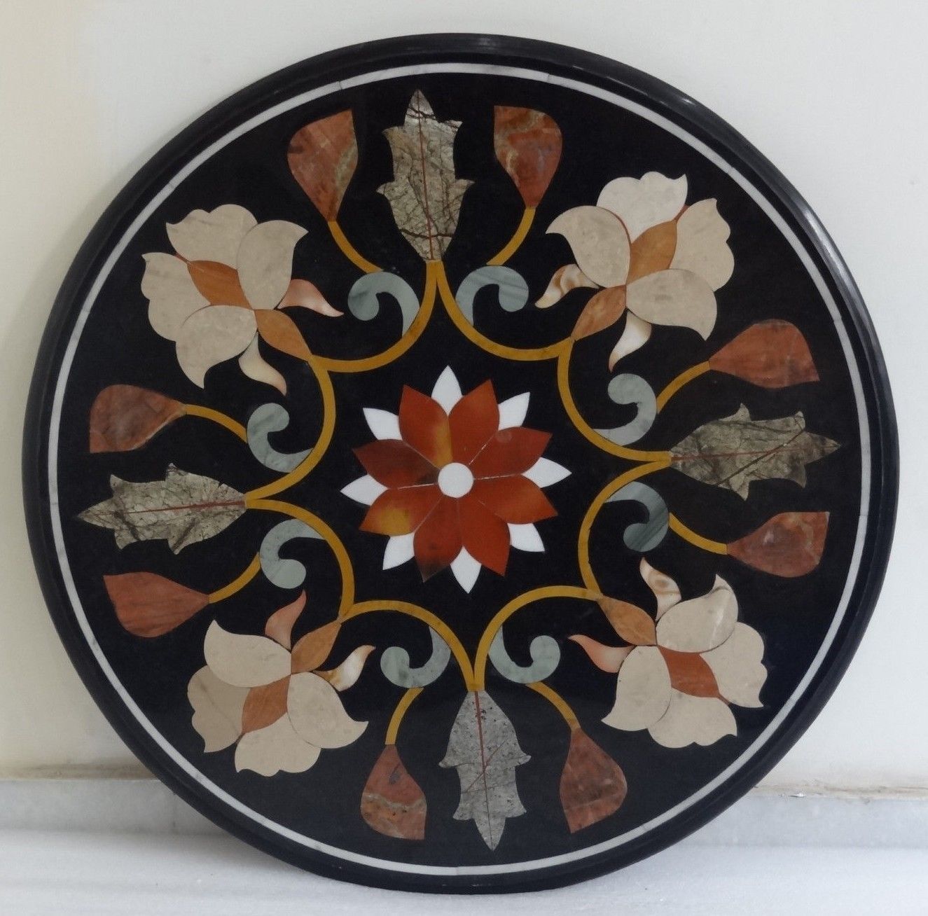 24-Inch Black Marble Table Top Handcrafted Semi-Precious Stone Home Decor Gift