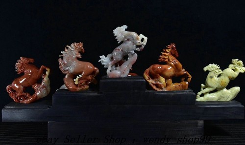 10" Old Chinese Dynasty Natural ShouShan Stone Carve 8 Hores Animal Statue Set - Picture 7 of 9