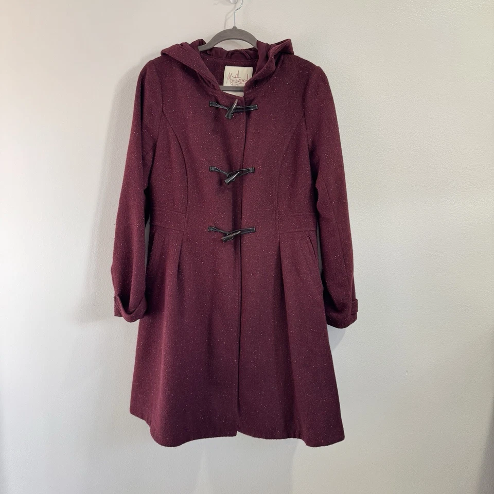 Modcloth Myrtlewood Coat Jacket L Burgundy Red Wool Toggles Hooded Ren Faire - Image 2 of 4