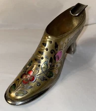 Brass & Silver Tone Etched Ornate Ashtray Ladies Heel Figural Shoe India Vintage