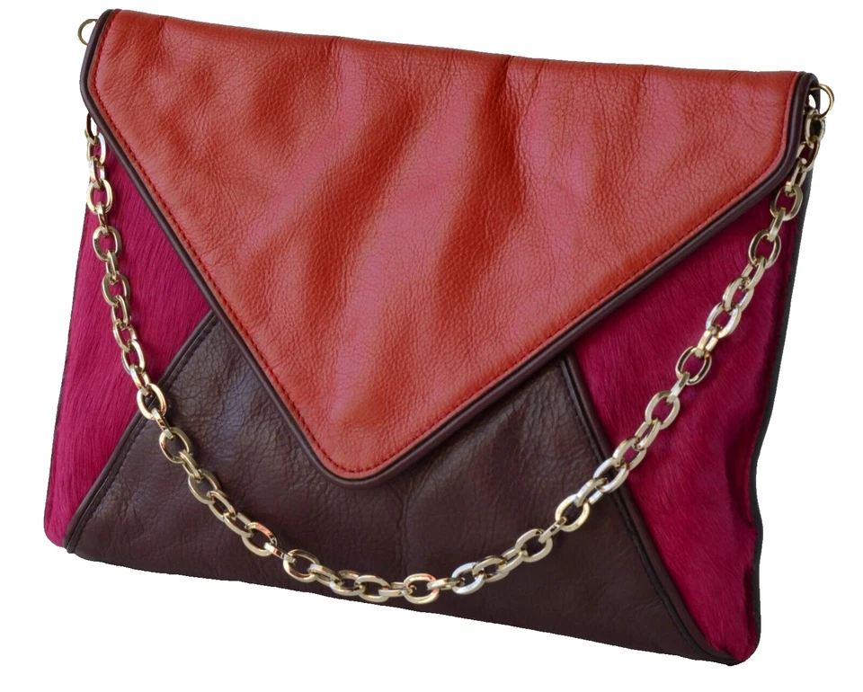 Colourful PINK, RED & BURGUNDY LEATHER SHOULDER BAG / CLUTCH , CHAIN STRAP , S/M - Image 3 of 4