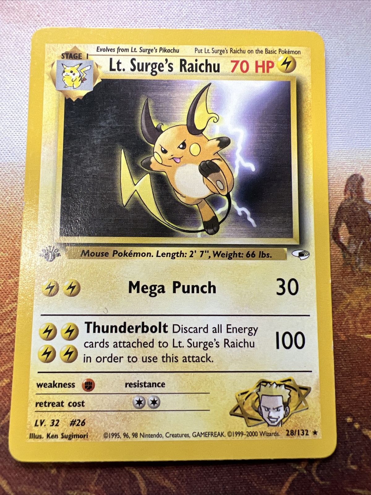 1st edition Lt Surge’s Raichu 28/132 Gym Heroes Rare Pokemon Card - LP/MP