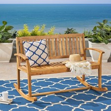 2 Person Outdoor Rocking Chair Wooden Rocking Bench Acacia Wood Patio Loveseat
