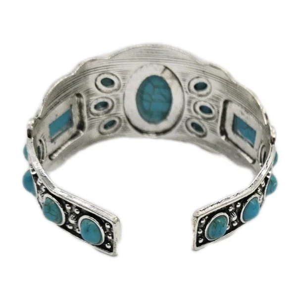 Turquoise Colored Dyed Stone WIDE Statement CUFF Bracelet Silver Tone Art Deco - Image 4 of 4